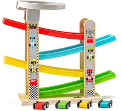 Woody DŘEVO Set dráha se 4 překlápěcími autíčky (dřevěná hračka) Woody DŘEVO Set dráha se 4 překlápěcími autíčky (dřevěná hračka)