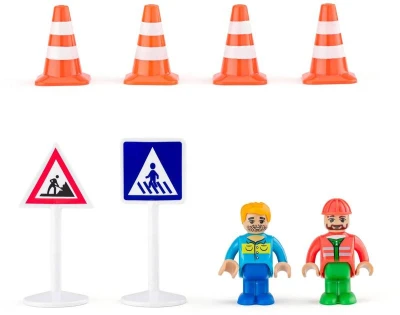 Woody DŘEVO Stavební stroje set 4 autíčka se 2 figurkami doplněk k vláčkodráze