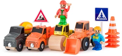 Woody DŘEVO Stavební stroje set 4 autíčka se 2 figurkami doplněk k vláčkodráze