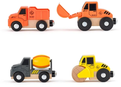 Woody DŘEVO Stavební stroje set 4 autíčka se 2 figurkami doplněk k vláčkodráze