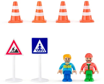 Woody DŘEVO Stavební stroje set 4 autíčka se 2 figurkami doplněk k vláčkodráze