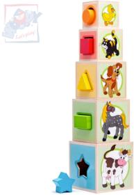 Woody DŘEVO Věž zvířátka set 5 kostek s vkládacími tavry (dřevěná hračka)