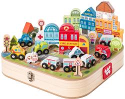 Woody DŘEVO Vláčkodráha Město v rozkládacím kufříku s auty a domy