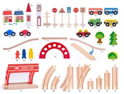 Woody DŘEVO Vláčkodráha s mostem a zastávkou 90 dílků v krabici