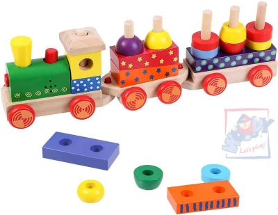 Woody DŘEVO Vlak navlékací set mašinka + 2 vagonky Světlo Zvuk