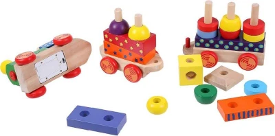 Woody DŘEVO Vlak navlékací set mašinka + 2 vagonky Světlo Zvuk