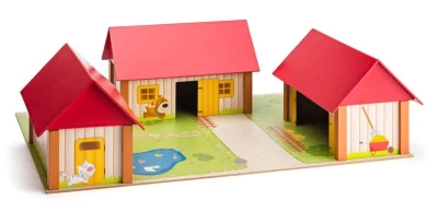 Woody Statek se třemi budovami a podložkou dřevěný Woody Statek se třemi budovami a podložkou dřevěný