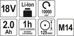 Yato Bruska úhlová AKU 125 mm 18V 10000 ot.