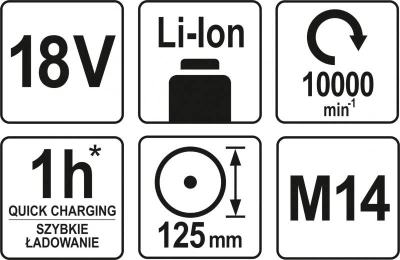 Yato Bruska úhlová AKU 125 mm 18V 10000 ot. (bez baterie)