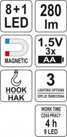 Yato Lampa montážní 8+1 LED, hák+magnet