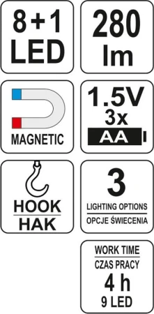 Yato Lampa montážní 8+1 LED, hák+magnet