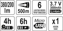 Yato Lampa montážní CREE LED, bezpřívodová, 3,7V Li-ion, 6 režimů, 380lm