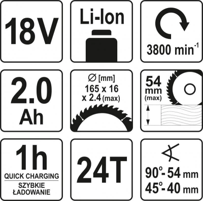Yato Pila kotoučová AKU 18V pr. 165mm 3800ot. 2AH