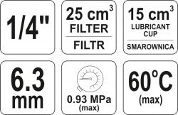 Yato Regulátor tlaku vzduchu 1/4[34], max. 0,93MPa, s filtrem (25ccm) a přimazáváním (15ccm)