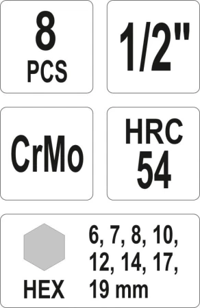Yato Sada nástavců 1/2[34] rázové 8 ks H6-H19 imbus CrMo