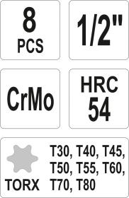 Yato Sada nástavců 1/2[34] rázové 8 ks T30-T80 torx CrMo