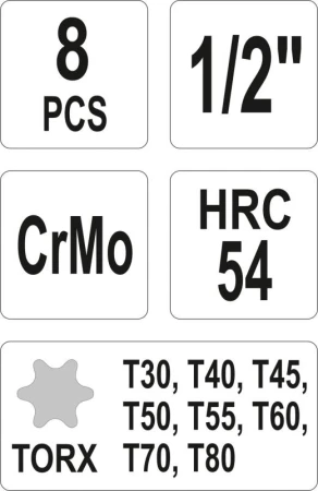 Yato Sada nástavců 1/2[34] rázové 8 ks T30-T80 torx CrMo