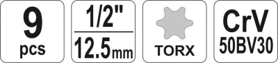 Yato Sada nástavců 1/2[34] TORX 9 ks E10-E24