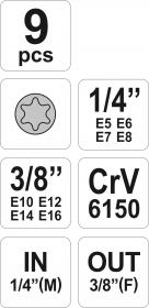 Yato Sada nástavců 1/4[34], 3/8[34] TORX 9 ks E5-E16