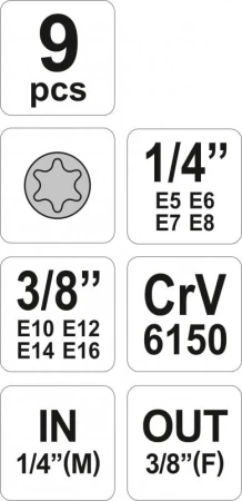 Yato Sada nástavců 1/4[34], 3/8[34] TORX 9 ks E5-E16