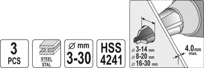 Yato Sada stupňovitých kuželových vrtáků do plechu 3-30mm