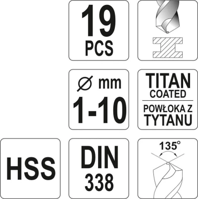 Yato Sada vrtáků do železa HSS-TiN 19ks 1-10mm