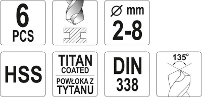 Yato Sada vrtáků do železa HSS-TiN 6ks 2-8mm