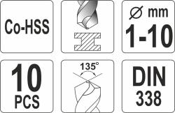 Yato Sada vrtáků na kov 10ks HSS-COBALT 1-10mm