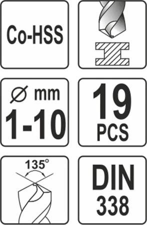 Yato Sada vrtáků na kov 19ks HSS-COBALT 1-10mm
