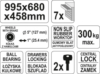Yato Skříňka dílenská pojízdná 7 zásuvek červená
