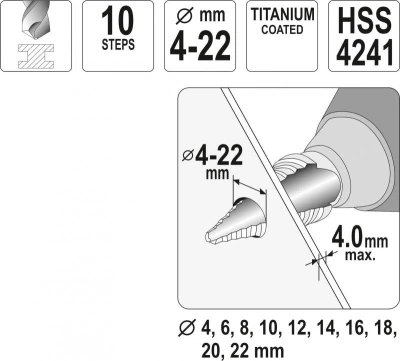 Yato Stupňovitý kuželový vrták 4-22mm