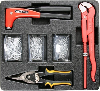 Yato Vložka do zásuvky - kleště nýtovací, 3x sada nýtů, nůžky na plech, hasák 330mm Yato Vložka do zásuvky - kleště nýtovací, 3x sada nýtů, nůžky na plech, hasák 330mm