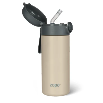 Zopa Termoska na tekutiny s brčkem a silikonovým držákem 350 ml Cookie beige