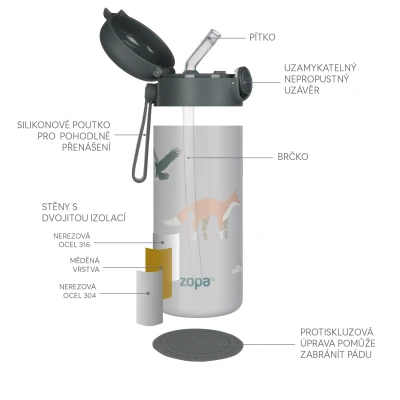 Zopa Termoska na tekutiny s brčkem a silikonovým držákem 350 ml Dino