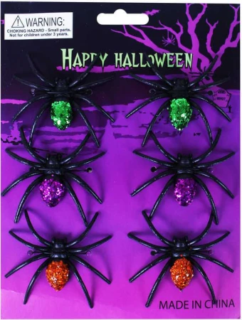 Zviera pavúk čierny 7cm s farebnými trblietkami set 6ks Halloween