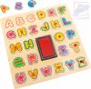 Woody DŘEVO Razítka puzzle vkládací s úchyty 2v1 abeceda set 26ks s poduškou