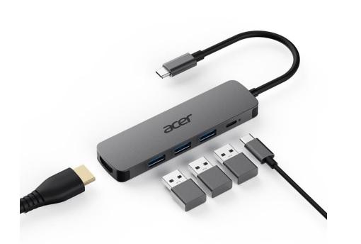 Acer 5IN1 Mini Dock statioType- C dongle, 1x HDMI (až 3840x2160@60hz), 3x USB 3.0 5Gbps ports, 1x Type-C up to 100W PD port (host)