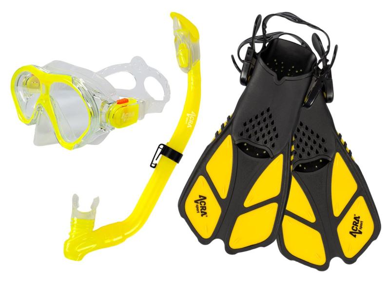 Acra Šnorchlovací set 3 v 1, DĚTSKÝ, ŽLUTÝ, obsahuje masku, ploutve a šnorchl