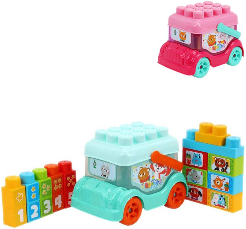 Autobus baby volný chod herní set s 18 kostkami a samolepkami 2 barvy