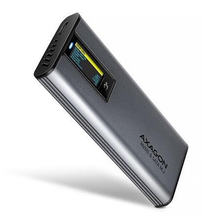 AXAGON EEM2-SD2 USB-C 10Gbps - M.2 NVMe SATA SSD kovový DISPLAY box, bezšroubkový