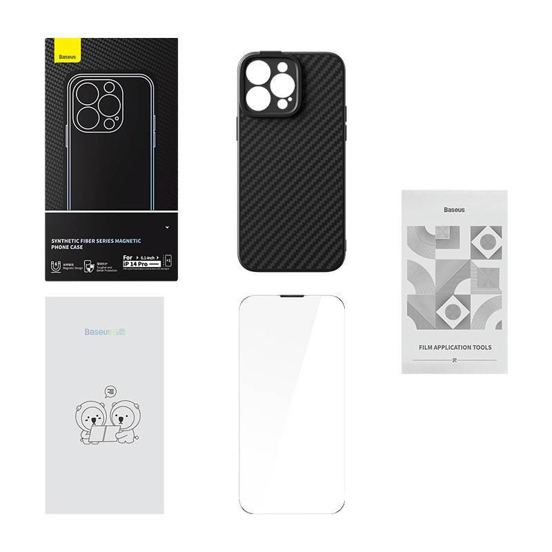Baseus Magnetické pouzdro řady Synthetic Fiber pro iPhone 14 Pro (černé)+ tvrzené sklo + čisticí sada