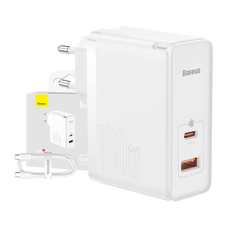 Baseus Nástěnná nabíječka GaN5 Pro USB-C + USB, 100W + 1m kabel (bílá)