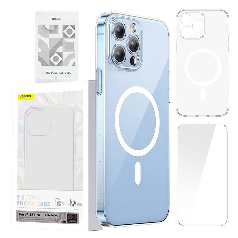 Baseus Pouzdro na telefon Magnetic Crystal Clear pro iPhone 13 Pro (průhledné) s ochranným krytem displeje z tvrzeného skla a čisticí sadou