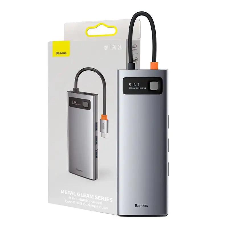 Baseus Rozbočovač 9v1 Metal Gleam Series, USB-C na 3x USB 3.0 + HDMI + USB-C PD + Ethernet RJ45 + microSD/SD + VGA