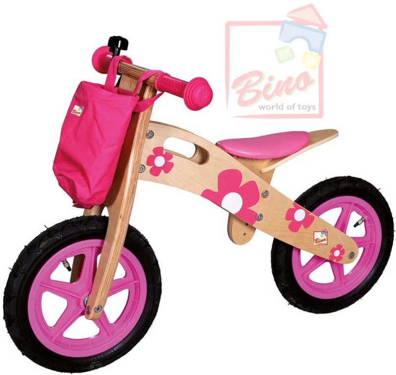 Bino DŘEVO Odrážedlo růžové květinové odstrkovadlo (dřevěná hračka)