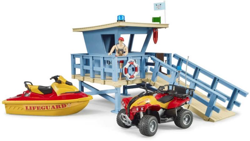 Bruder 62780 Věž pobřežní hlídky set se čtyřkolkou, skútrem a plavčíkem