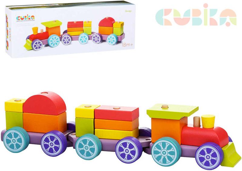 Cubika DŘEVO Baby Vláček duhový navlékací set 15 dílků pro miminko