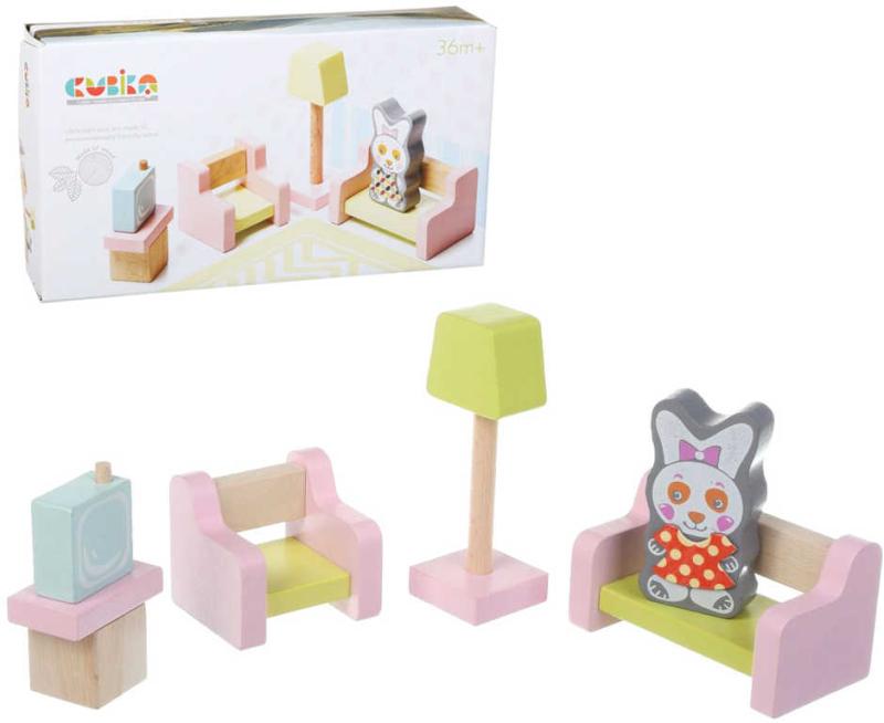 Cubika DŘEVO Obývací pokoj nábytek pro panenky s figurkou a magnetickými oblečky