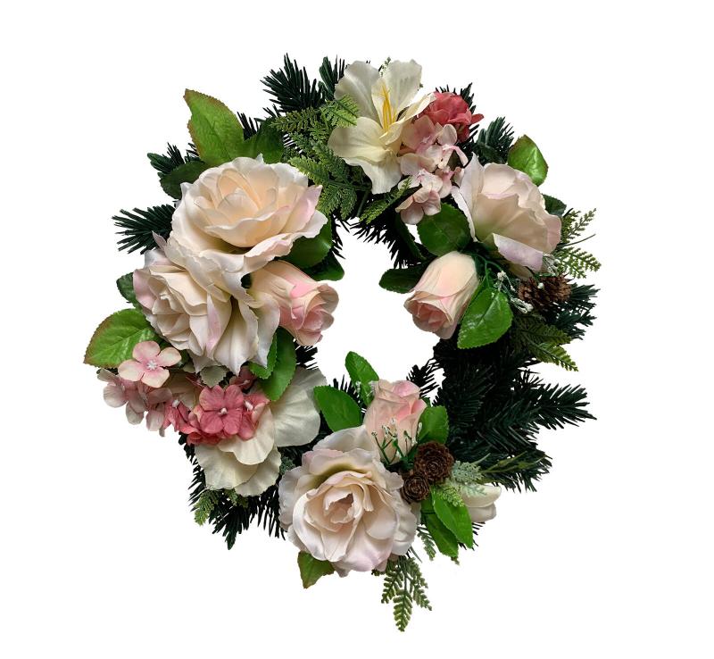 Dekorace Věnec dušičkový pr.35cm BÍ, RŮŽ květy