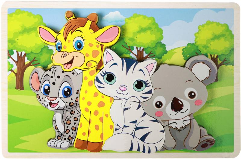 DŘEVO PUZZLE Zvířátka 3D vkládací 8 dílků na desce (dřevěná hračka)